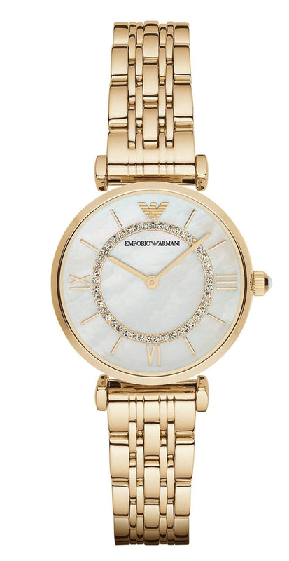 Emporio Armani Gianni T Bar White Mother of Pearl Dial Gold Steel Strap Watch For Women - AR190700