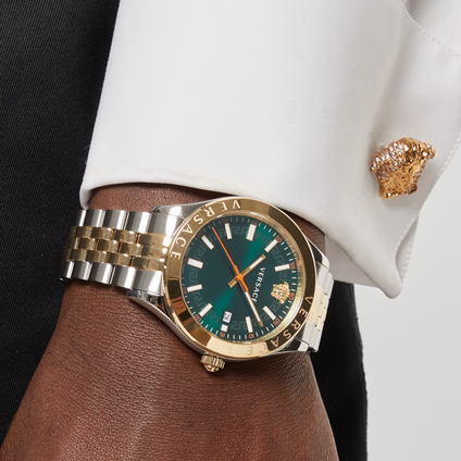 Versace Hellenyium Quartz Green Dial Two Tone Steel Strap Watch For Men - VEVI00620